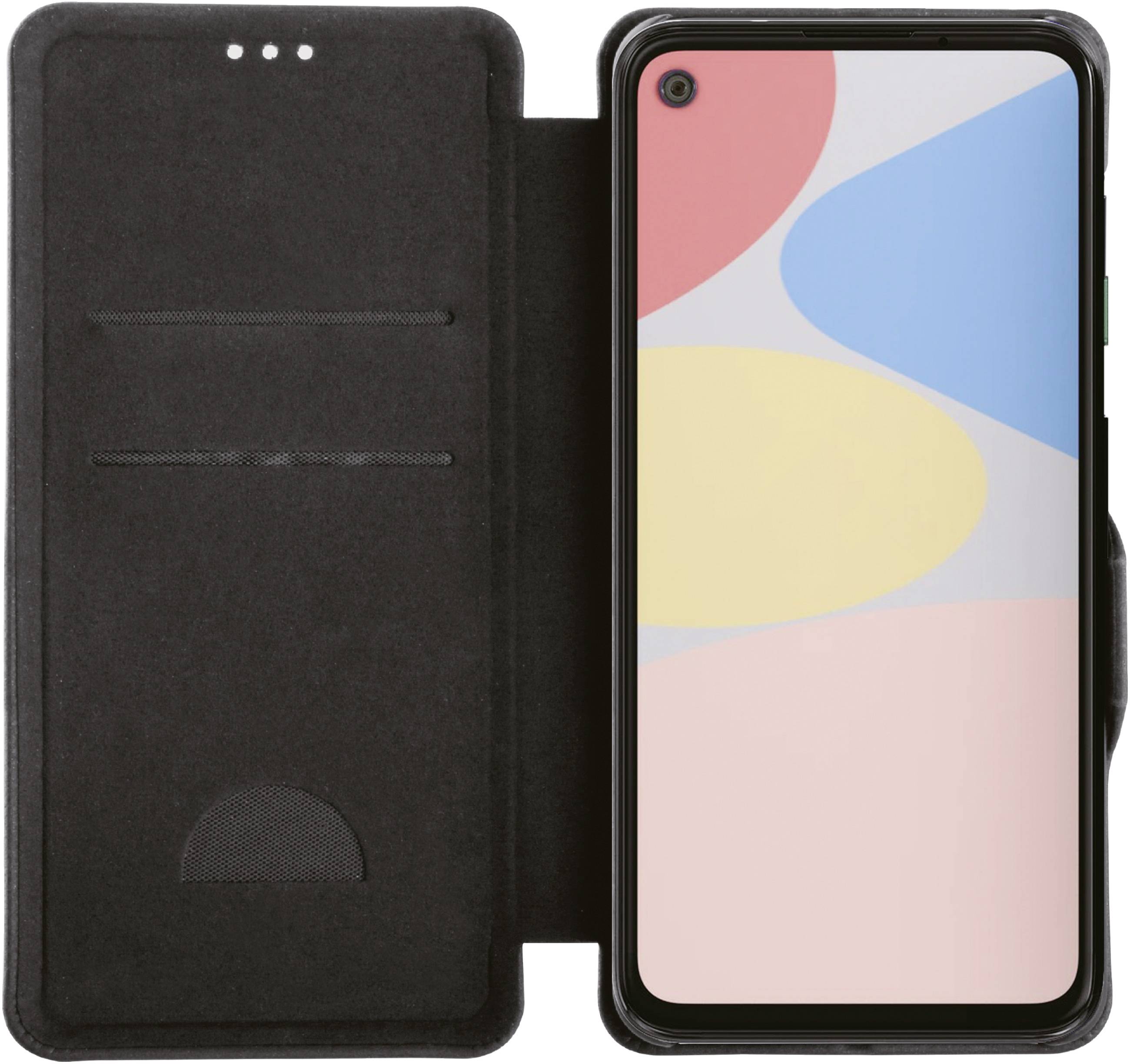 Smartphone with a colourful screen graphic in a black folding case, open on the left-hand side.