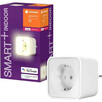 A smart indoor plug socket by Ledvance with night light function, compatible with 'Hey Google' and 'Amazon Alexa'. Packaging displays product details.