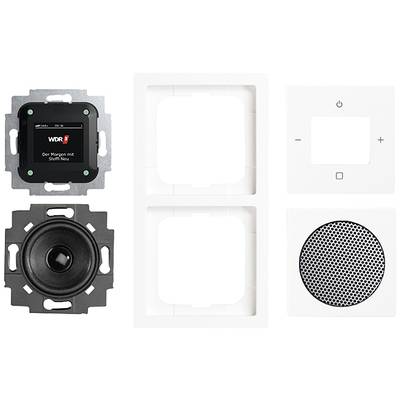 Flush-mounted radio module set comprising display module, speaker, cover frame, and control unit in a neutral design.