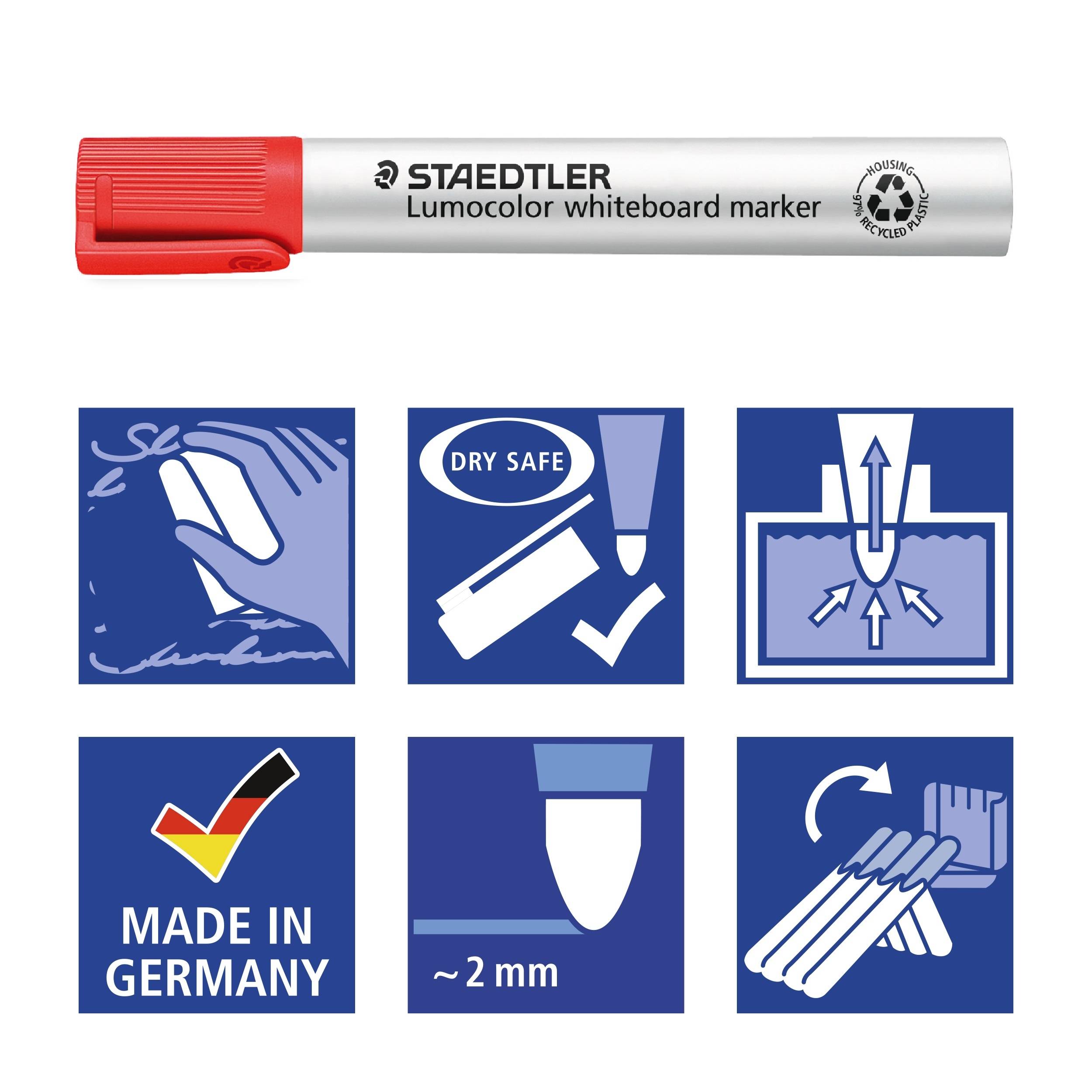 'Staedtler Whiteboard Marker with red cap, sturdy and easily dry-wipe. Manufactured in Germany. Line width ~2mm.'