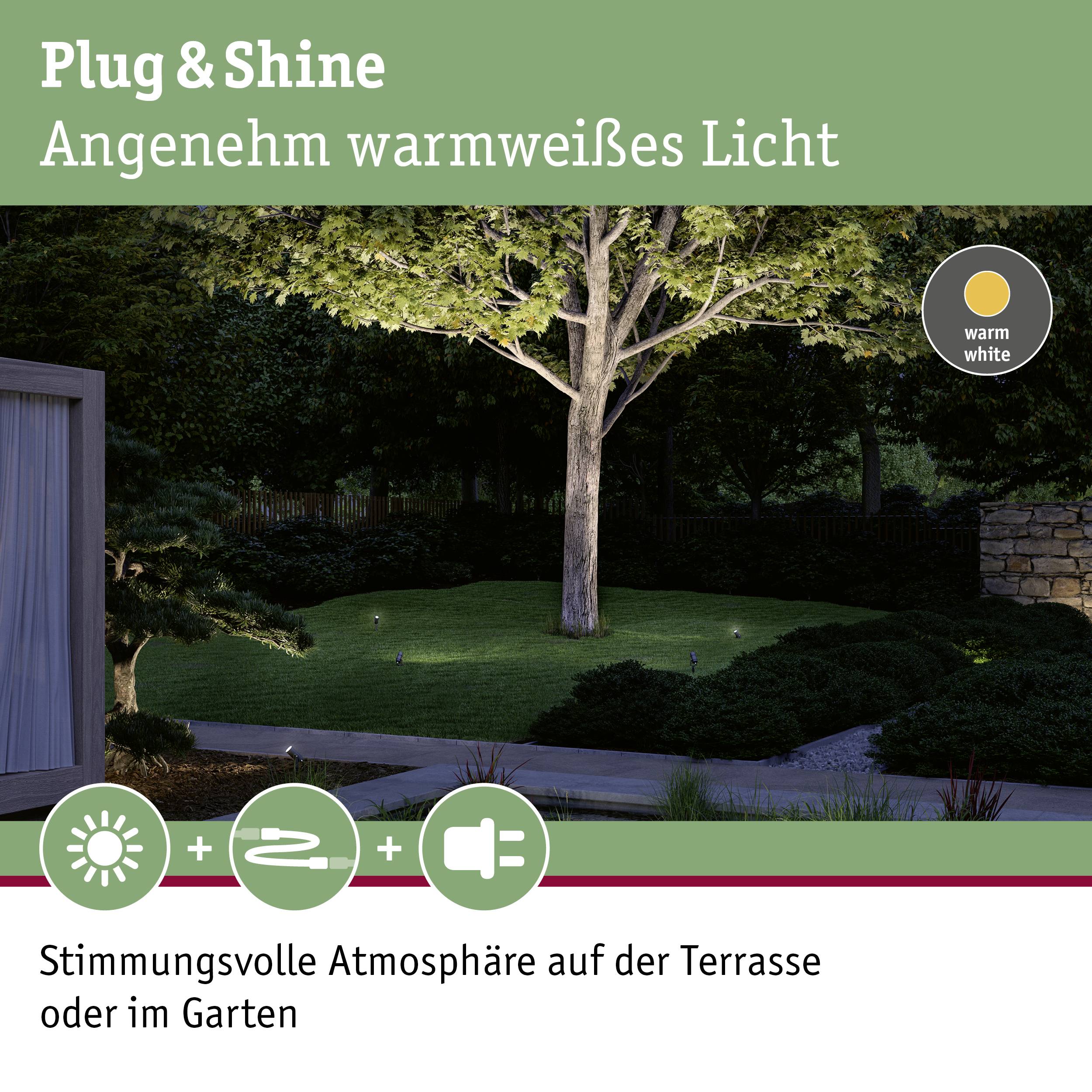 'Plug & Shine' garden lighting with warm white light, creating a mood-enhancing atmosphere on the patio or in the garden.