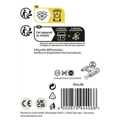 'This device can be recycled' Text at the top. Recycling, business, and waste symbols. Contact details and energy efficiency symbols at the bottom.