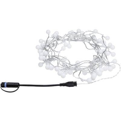 A string of lights with white baubles and a black plug. Ideal for decorations in interiors or gardens.