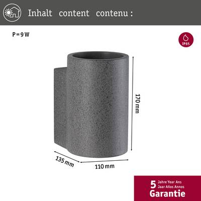 A grey, cylindrical container with dimensions 170 mm high, 135 mm wide and 110 mm deep. Marking: 9 W, IP65, 5 years warranty.