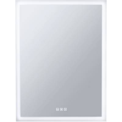 A rectangular bathroom mirror with an illuminated frame and three touch buttons for lighting and functions at the bottom.