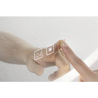 A hand is pressing on a digital touchscreen with symbols for electricity, sunlight, and a red square, possibly a switch.