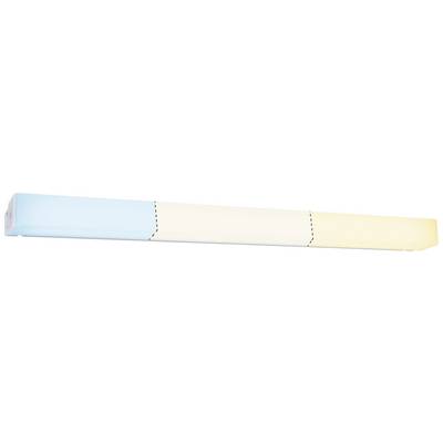Elongated, three-coloured luminous object: left light blue, centre white, right beige.