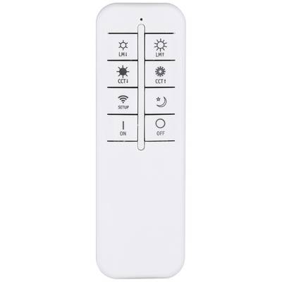White remote control with buttons for brightness, colour temperature, setup, on/off. Symbols for sun, lamp, Wi-Fi, moon.