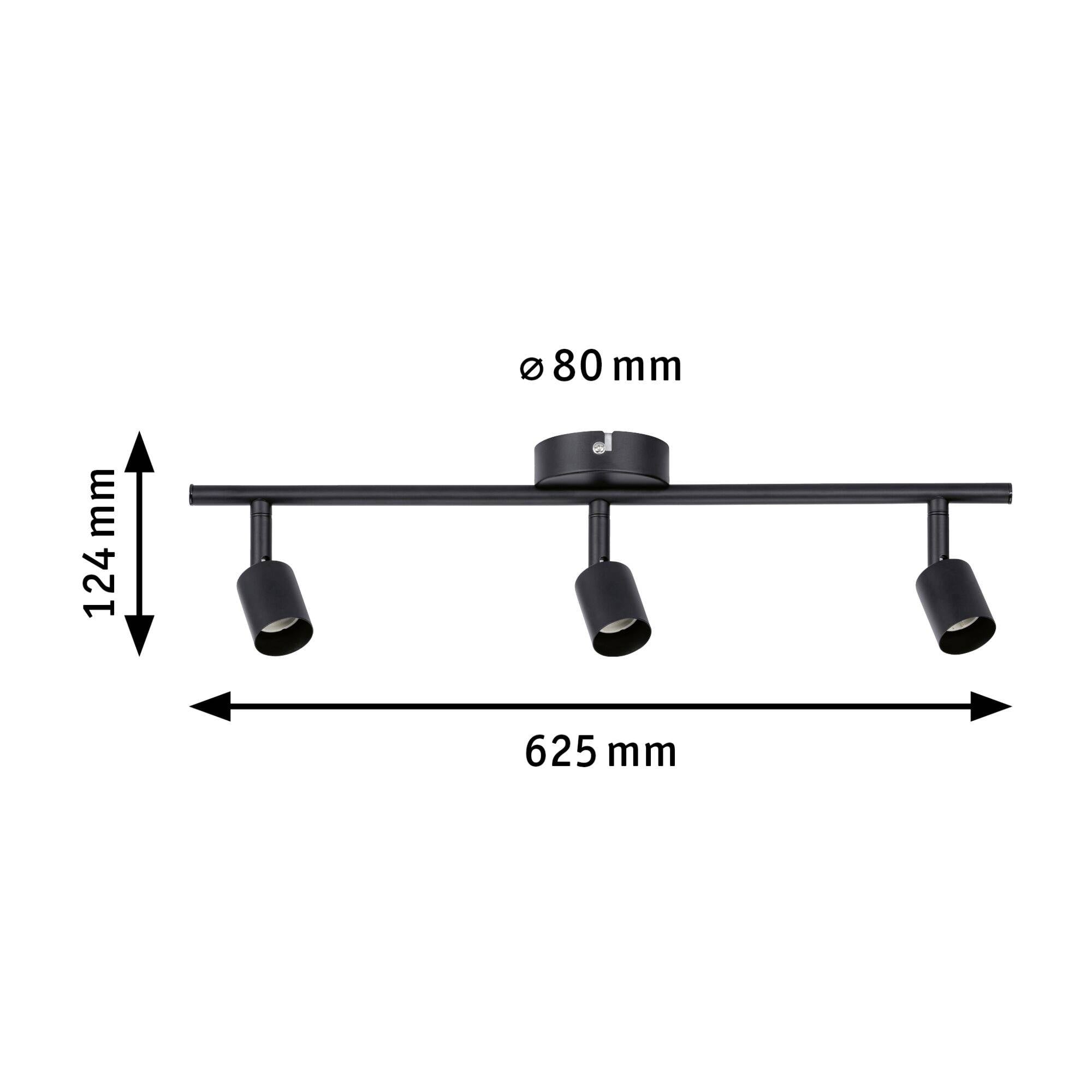 Ceiling light with three adjustable spotlights; total width 625 mm, height 124 mm, ceiling mount diameter 80 mm.