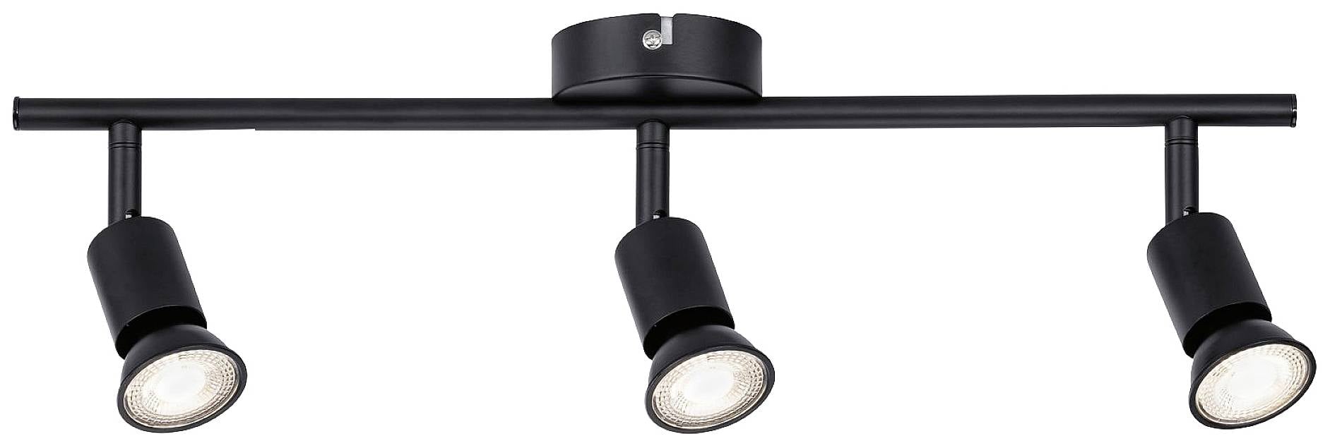 Black ceiling light with three adjustable spotlights, evenly distributed. Ideal for targeted lighting in interior spaces.