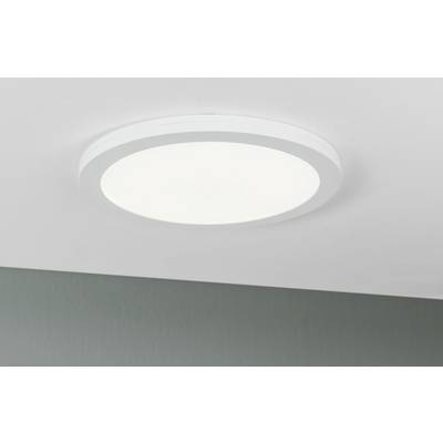 Round, flat ceiling light with a white frame, brightly illuminating a grey ceiling.