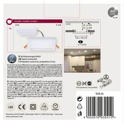 Product Packaging for an LED Ceiling Light: Contains dimensions, IP44 protection rating, energy efficiency class and mounting details. Including barcode and manufacturer information.