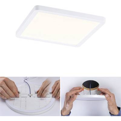 The illustration shows a square LED ceiling light and two installation steps: cable connection and fixture mounting on the ceiling.
