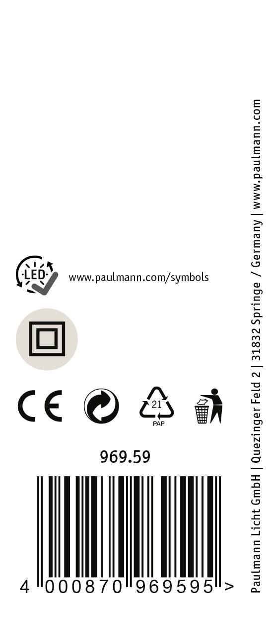 Barcode label of a Paulmann lamp with CE and RoHS symbols, LED logo, and product number 969.59. Includes recycling and minimum distance symbols.