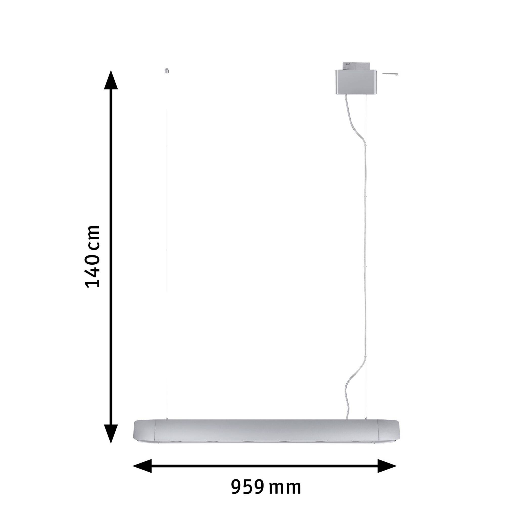 Pendant light with rectangular, flat design. Height adjustable up to 140 cm, width 959 mm. Suspended from a cable with housing.