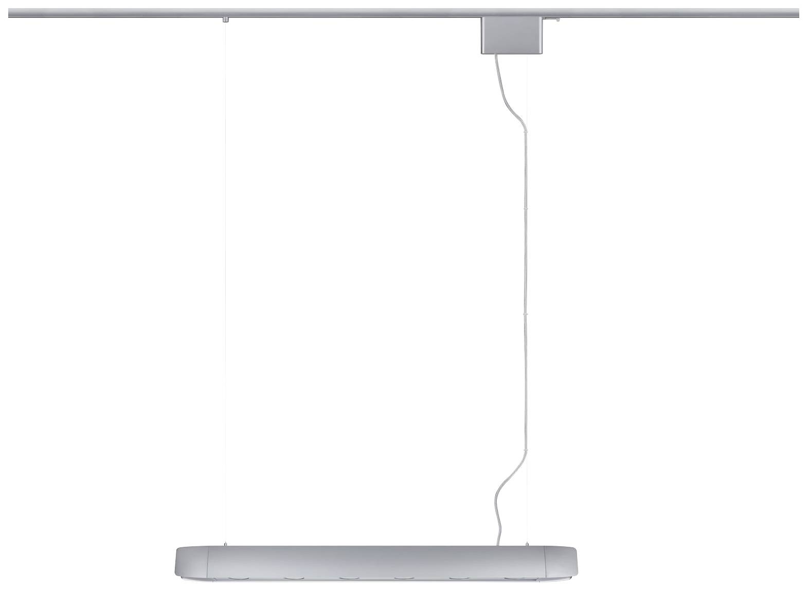 A contemporary pendant light with a slender, minimalist design and white cable, mounted on a slim horizontal track.