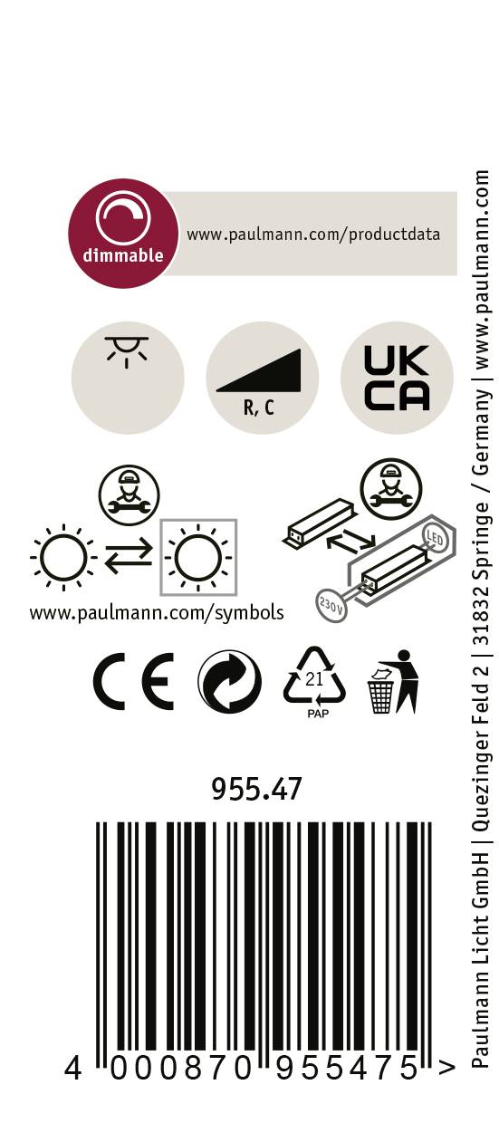 Label with symbols for dimmable, remote control, CE marking, disposal instruction, website URL, and barcode.