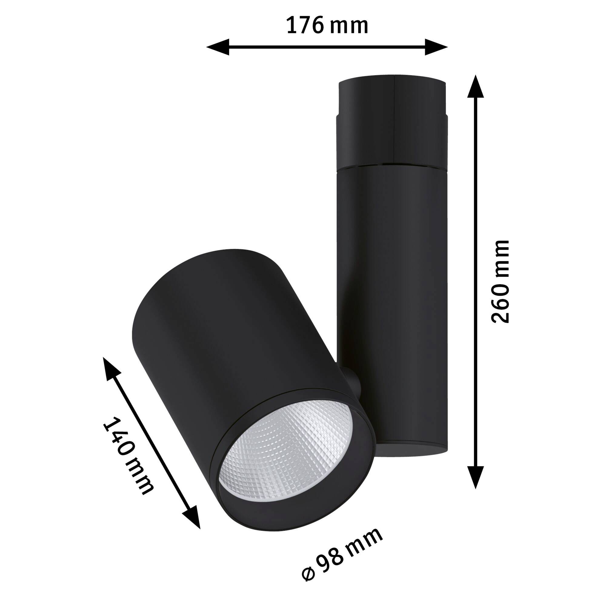 Two black cylindrical ceiling lights, one horizontal, one vertical; dimensions: height 260 mm, 176 mm, diameter 98 mm, height 140 mm.