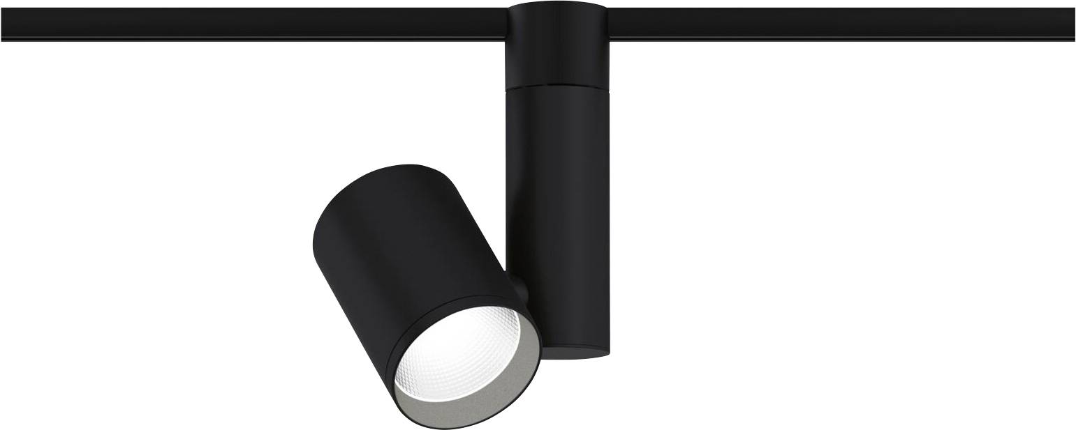 A black, cylindrical track light points downwards. It is mounted on a horizontal track.