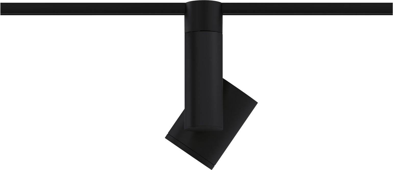Black cylindrical ceiling spotlight, mounted on a track, adjustable for targeted illumination of objects or areas.