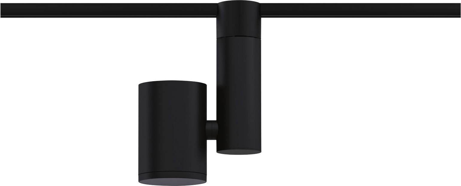 A black cylindrical track lighting system mounted on a ceiling. Suitable for directional illumination in interior spaces.