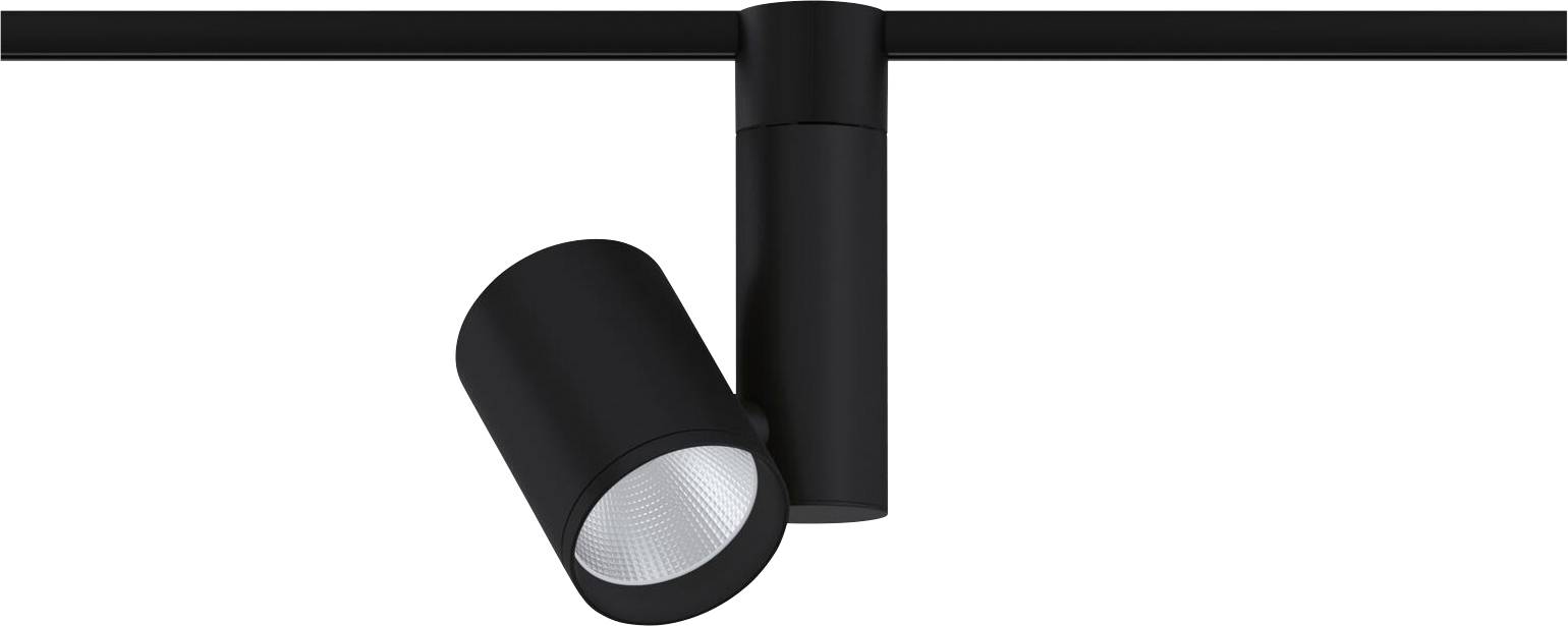 A black, cylindrical ceiling spotlight with a pivoting head, mounted on a straight track, shines brightly.
