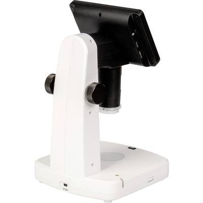 Portable digital microscope with adjustable arm and integrated screen, ideal for magnifications in education and research.