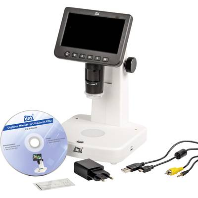 Digital microscope with screen, alongside software CD, power plug and cable. Key features: magnification and digital display.