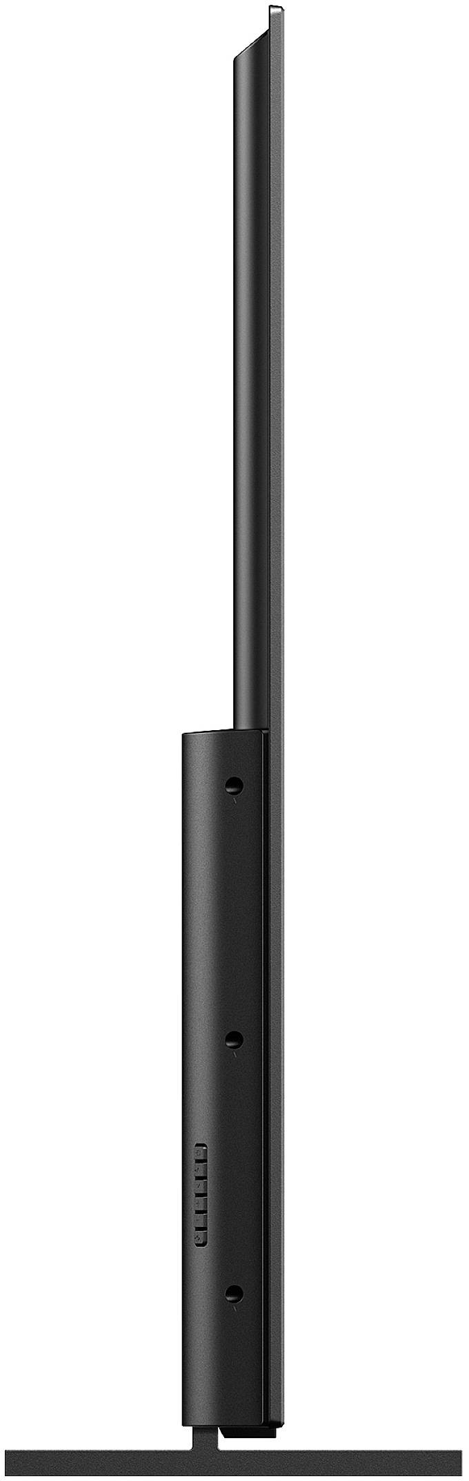 A very slim, modern television in profile, mounted on a stand. The angular construction emphasises the sleek design.