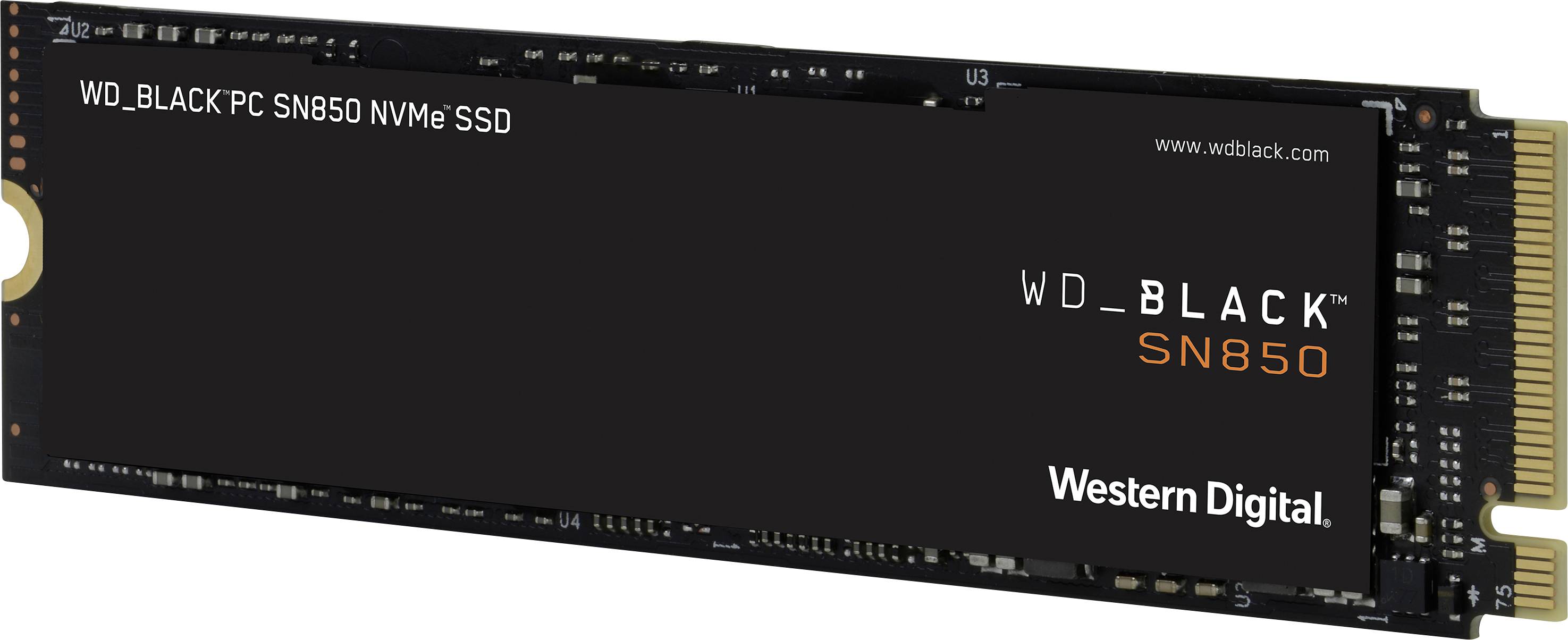 WD_Black SN850 NVMe SSD with black enclosure and gold contacts, by Western Digital. High-performance storage solution.