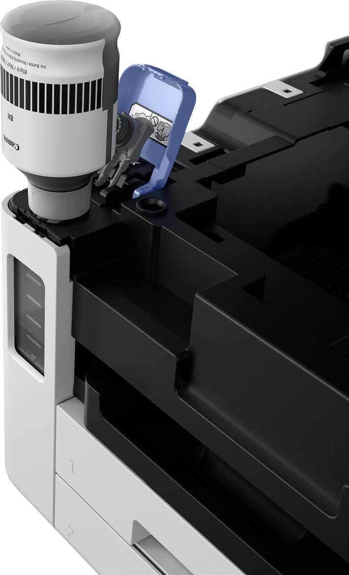 A printer with an open cover, showing a grey ink bottle being inserted upside down into the tank.