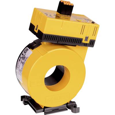 Yellow electrical measuring device with a rectangular upper section and a large ring-shaped lower section for current measurement.