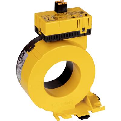 Yellow electrical device with a circular design, featuring a plug connection at the top. It is used for measuring or monitoring electrical circuits.