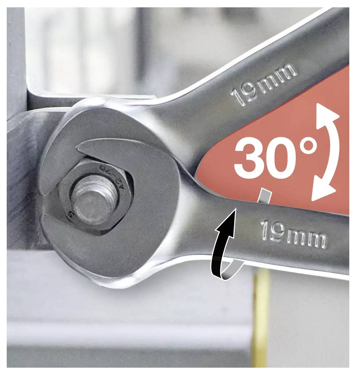 A 19mm wrench is turning a bolt with a 30-degree angle, demonstrated by curved arrows.