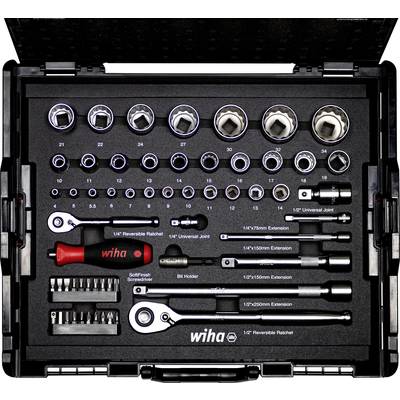 'Tool case with socket sets, ratchets, extensions and bit holder. Brand name visible on ratchet and screwdriver.'