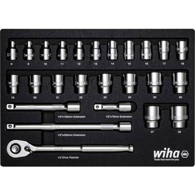 A Wiha socket wrench set. At the top are 19 sockets ranging from 8 to 28 mm. Below are extensions and a ratchet.