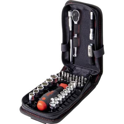 An open tool set in a black case displays various bits, socket keys, and handles, arranged for easy access.