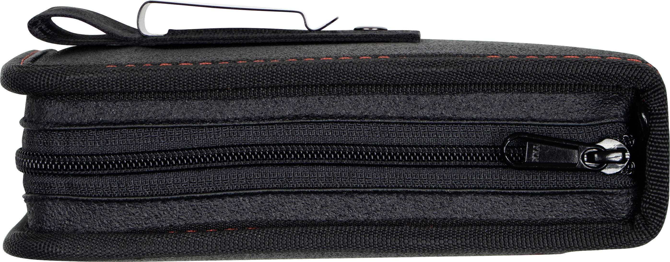 Black zip-up case with red stitching and a clip on the top, shown from the side.