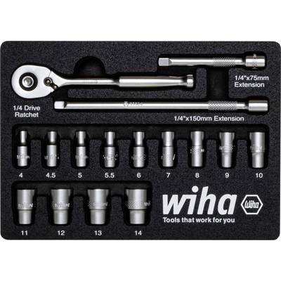 A 15-piece tool set: ratchet spanner, extensions and sockets in various sizes from 4 to 13 millimetres. Wiha brand logo.
