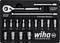 A 15-piece tool set: ratchet spanner, extensions and sockets in various sizes from 4 to 13 millimetres. Wiha brand logo.