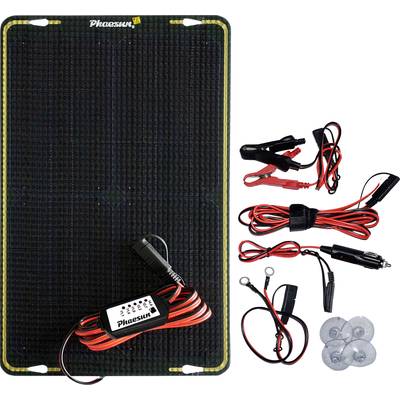 Solar panel with accessories such as clamps and cables for mobile power supply. Includes adapters for various applications.