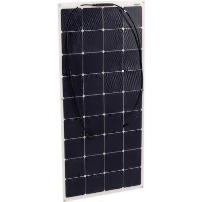 A solar panel with 18 rectangular, interconnected cells; with two black cables for electrical connections affixed to it.