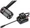 An electric motor with a fan and cables, alongside an electronic control unit, both suitable for remote-controlled vehicle applications.