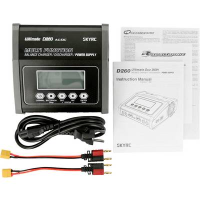 'SKYRC D260 Ultimate Duo: Multifunctional Balance Charger and Discharger Pictured. Includes Two Cables and User Manual.'