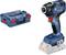 Bosch cordless drill with an empty battery compartment, next to a blue tool case with a red fastener. Suitable for DIY projects.