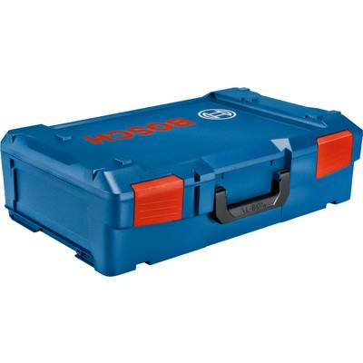 A blue tool case with the red Bosch logo on the lid. The case has red accents and a black, folding handle.