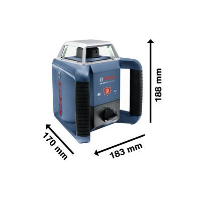 Blue Bosch Rotary Laser with handles on both sides, measurements 188 mm high, 170 mm deep and 183 mm wide.