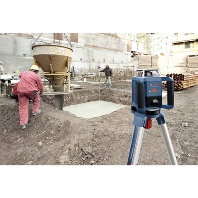 Construction workers are filling a foundation with concrete, while a theodolite stands on a tripod in the foreground for surveying purposes.
