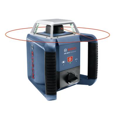 A blue, square-shaped rotational laser by Bosch, model GRL 400 H Professional, with a rotating red laser beam for precision measurements.