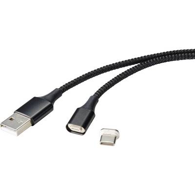 Black USB cable with a detachable magnetic adapter enabling connection between USB and USB-C.